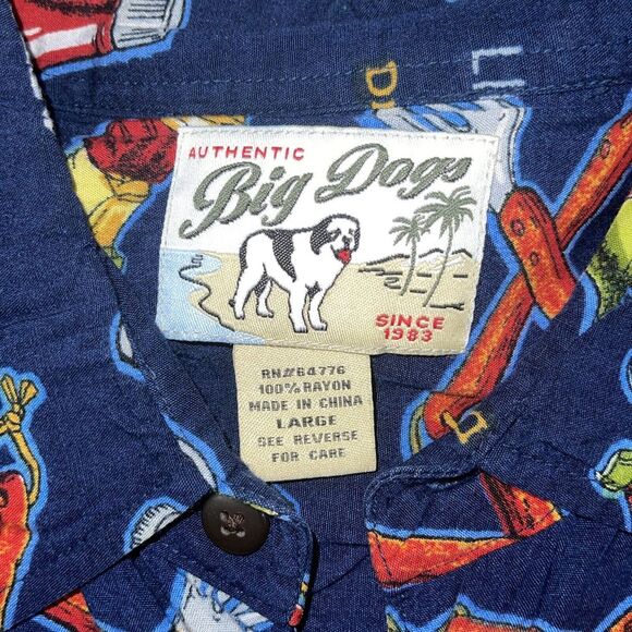 Big Dogs Blue Mens Barbeque Button Front Shirt Large Tropical All Over Print VTG - Picture 4 of 8